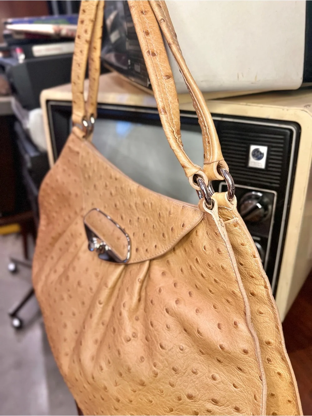 Y2K Vintage Furla Ostrich Embossed Genuine Leather Shoulder Hobo Bag Tan